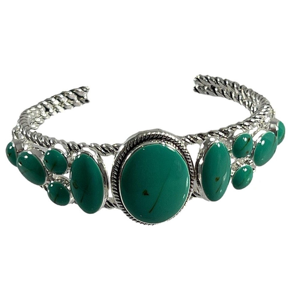 Signed Best Cuff Bracelet Silver Tone Ornate Faux Turquoise Cabochons